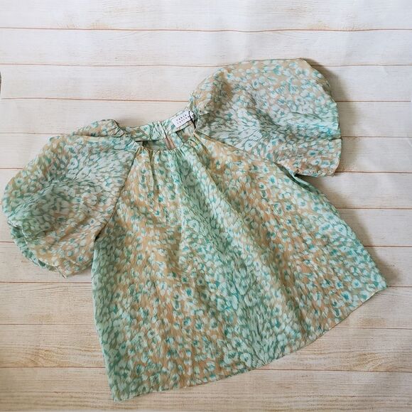 Tanya Taylor Jordan Top Blouse Short Sleeve Green Tan Women's Size Large - Picture 12 of 15